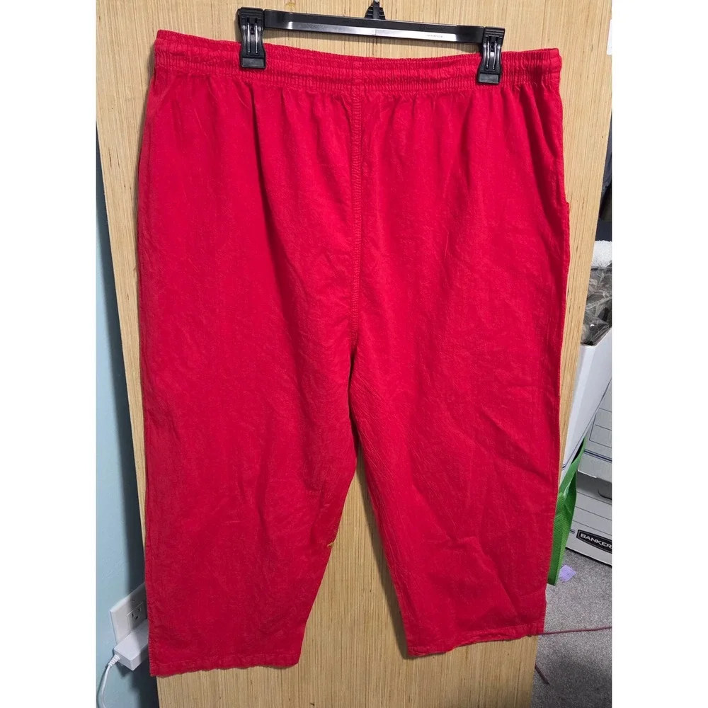 Ragtop USA Womens Red 100% Cotton Elastic Waist Drawstring Cropped Pants 2X